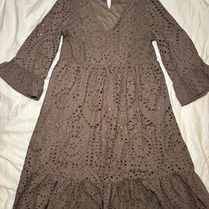 Hidden Alley Eyelet Cotton Babydoll Dress Size S Taupe Cottagecore Boho Fairy